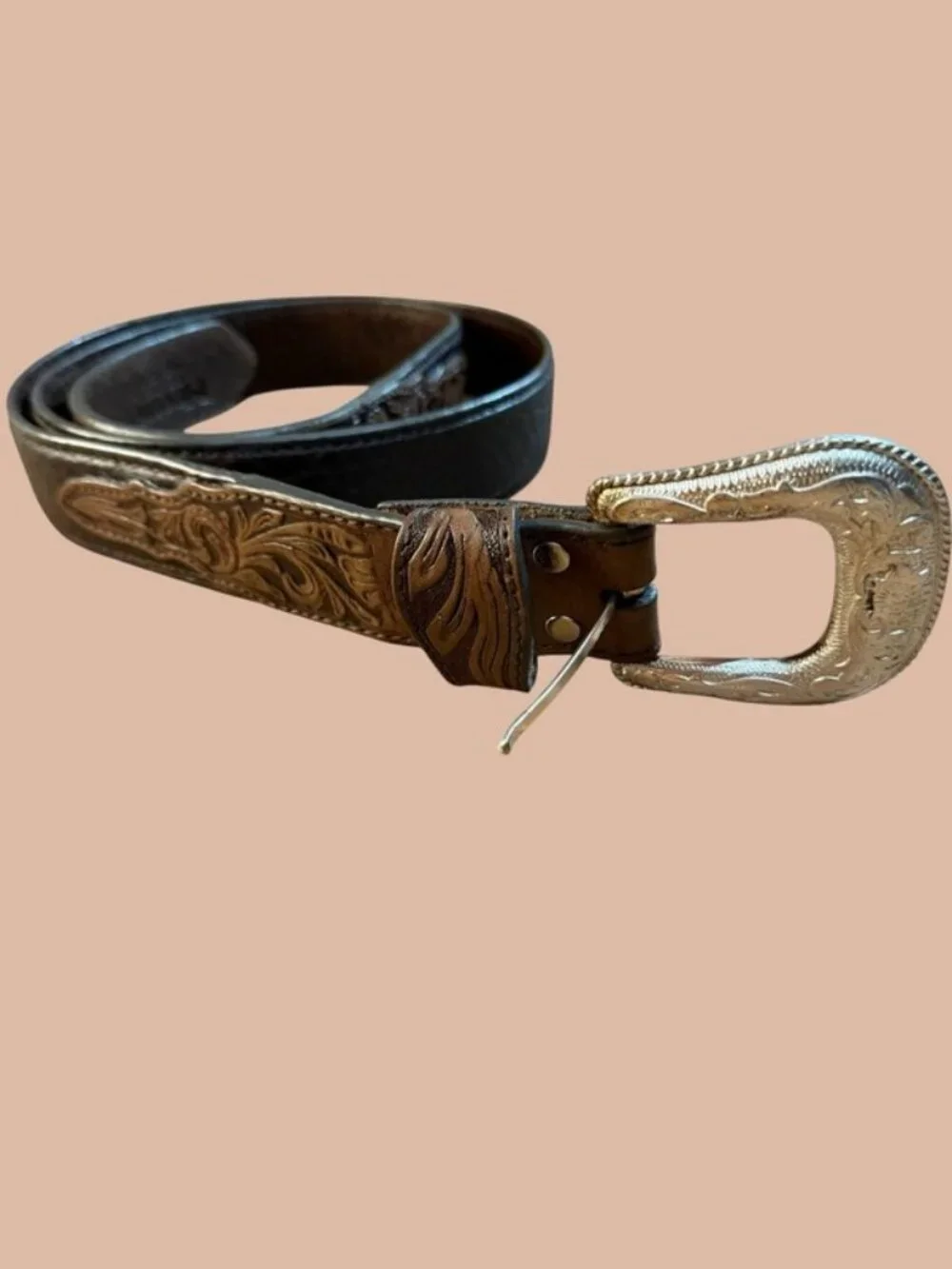 Nocona Vintage Brown Floral Hand-Tooled Western Leather Belt Size 46